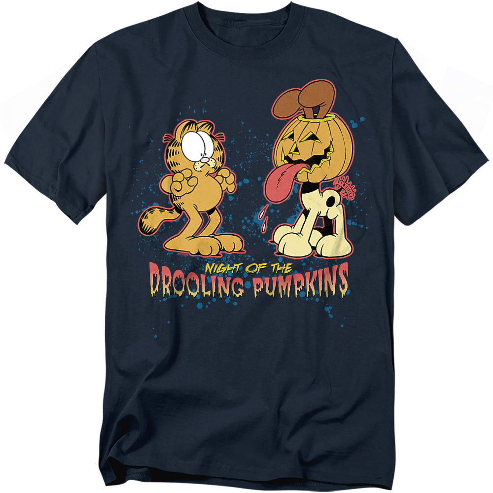 Navy blue t-shirt featuring Garfield shocked at Odie with a jack-o’-lantern head drooling, with text that reads “Night of the Drooling Pumpkins.”