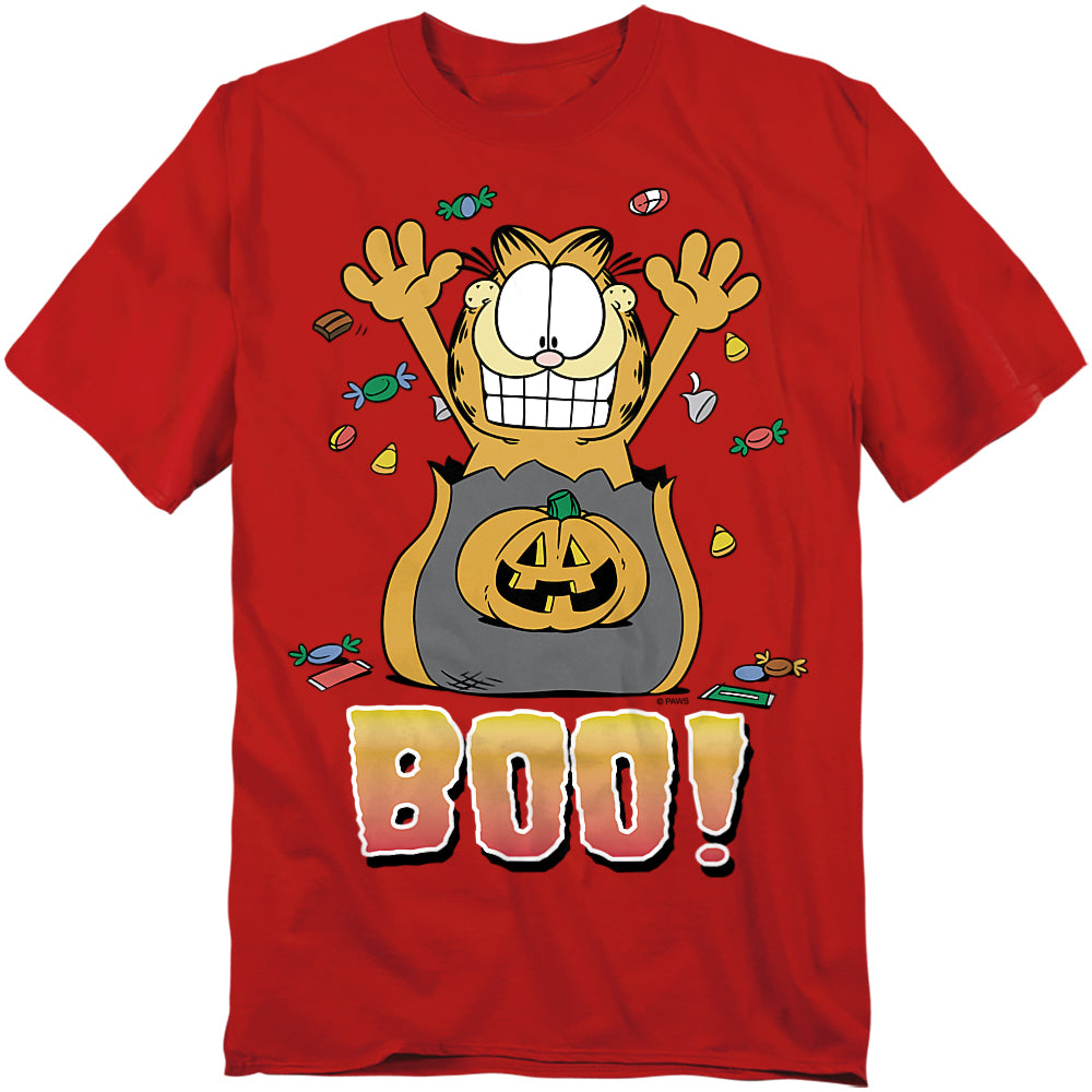 Red t-shirt featuring Garfield with raised arms, candy flying around, a jack-o’-lantern on his belly, and bold text reading “BOO!”
