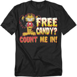 Black t-shirt with Garfield dressed as a vampire and bold spooky text reading “Free Candy? Count Me In!”