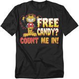 Black t-shirt with Garfield dressed as a vampire and bold spooky text reading “Free Candy? Count Me In!”