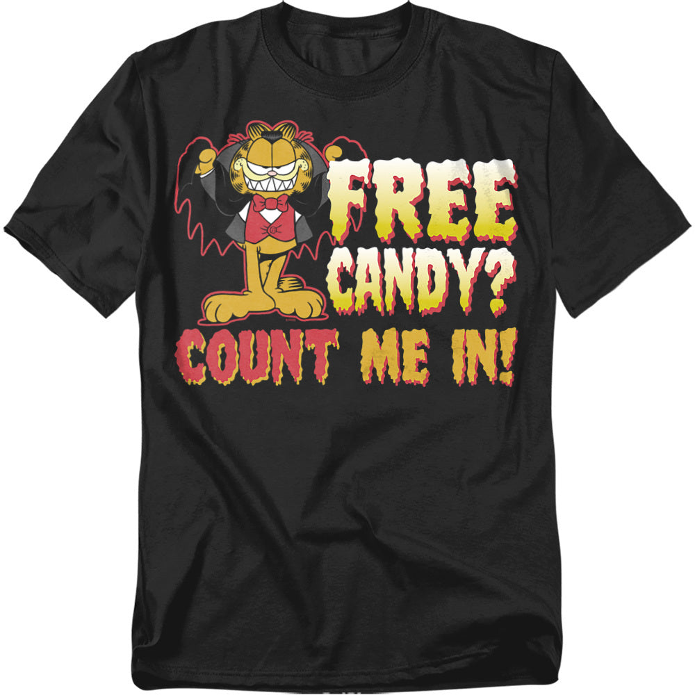Black t-shirt with Garfield dressed as a vampire and bold spooky text reading “Free Candy? Count Me In!”