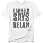 White t-shirt with large black text that reads “Garfield Says Relax” and a small graphic of Garfield reclining in a chair at the bottom.