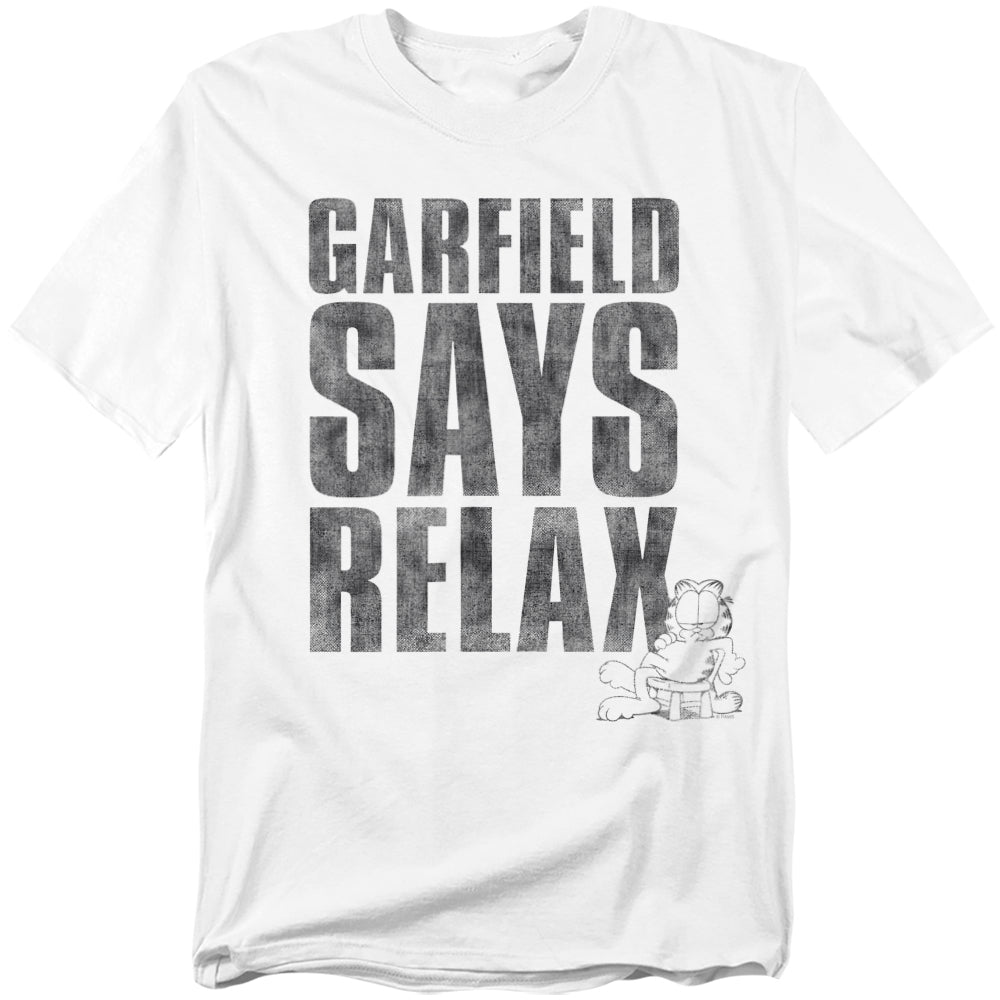 White t-shirt with large black text that reads “Garfield Says Relax” and a small graphic of Garfield reclining in a chair at the bottom.