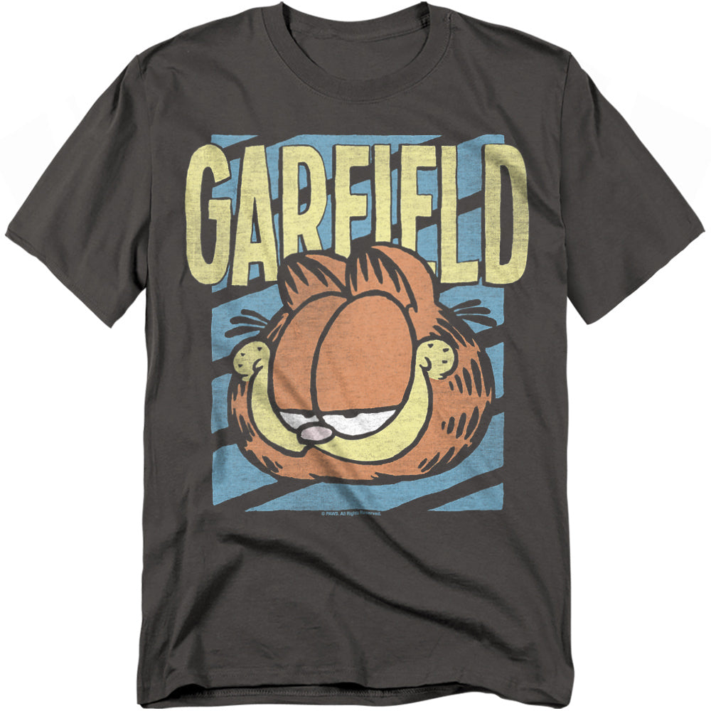 Dark gray t-shirt with a large Garfield face graphic and retro block lettering that reads “Garfield” across the top.