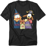 Black t-shirt featuring Garfield dressed as a witch, Odie as a pirate, and Pooky in a small bag, with the words “Trick or Treat!”