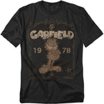 Black Garfield t-shirt with a distressed sepia design featuring Garfield standing with folded arms, the word “Garfield,” and the year “1978.”