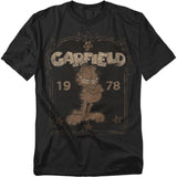 Black Garfield t-shirt with a distressed sepia design featuring Garfield standing with folded arms, the word “Garfield,” and the year “1978.”