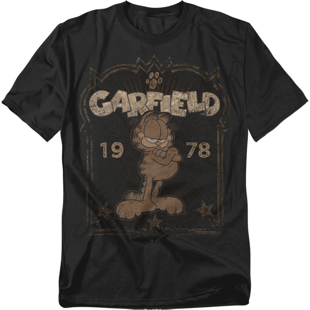 Black Garfield t-shirt with a distressed sepia design featuring Garfield standing with folded arms, the word “Garfield,” and the year “1978.”