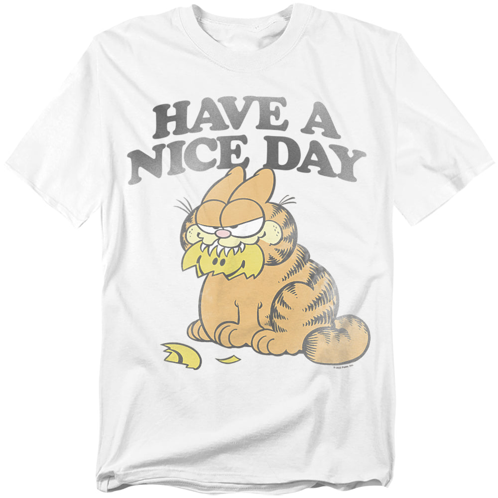 White Garfield t-shirt with the phrase “Have a Nice Day” above Garfield sitting with a lemon rind in his mouth and a sour, unimpressed expression.