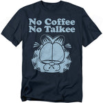 Navy Garfield t-shirt with the phrase “No Coffee No Talkee” and a large distressed graphic of Garfield’s unimpressed face.