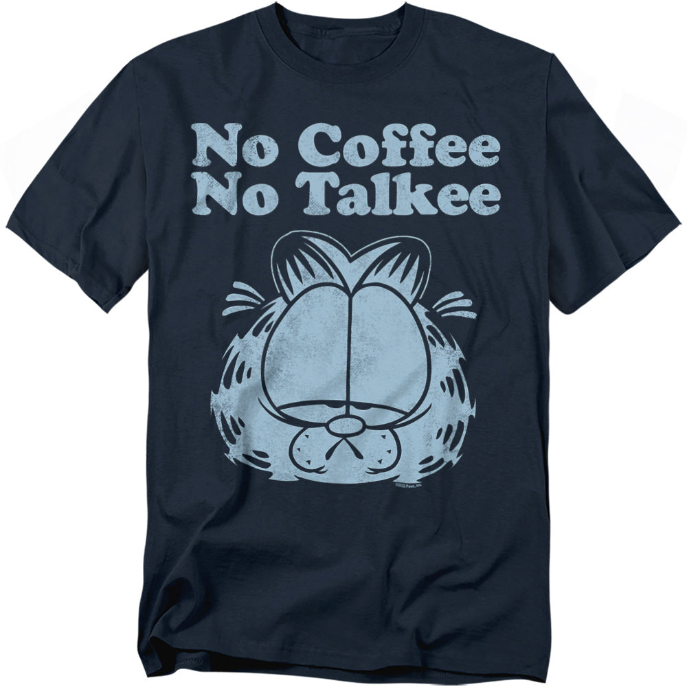 Navy Garfield t-shirt with the phrase “No Coffee No Talkee” and a large distressed graphic of Garfield’s unimpressed face.