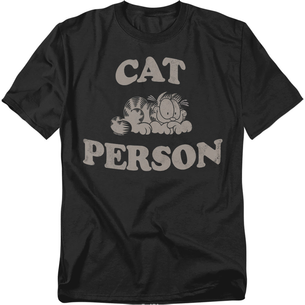 Black Garfield t-shirt with the phrase “Cat Person” and a graphic of Garfield lying down in a relaxed pose.