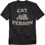 Black Garfield t-shirt with the phrase “Cat Person” and a graphic of Garfield lying down in a relaxed pose.