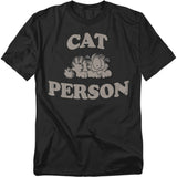 Black Garfield t-shirt with the phrase “Cat Person” and a graphic of Garfield lying down in a relaxed pose.