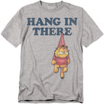 Heather gray Garfield t-shirt with “Hang in There” text and Garfield hanging lazily from a nail.