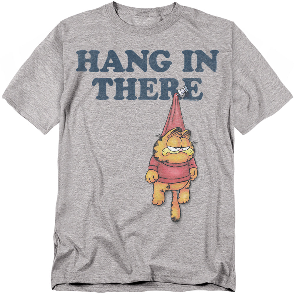 Heather gray Garfield t-shirt with “Hang in There” text and Garfield hanging lazily from a nail.