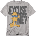 Heather gray Garfield t-shirt featuring Garfield in sunglasses with the text “Excuse Me?”