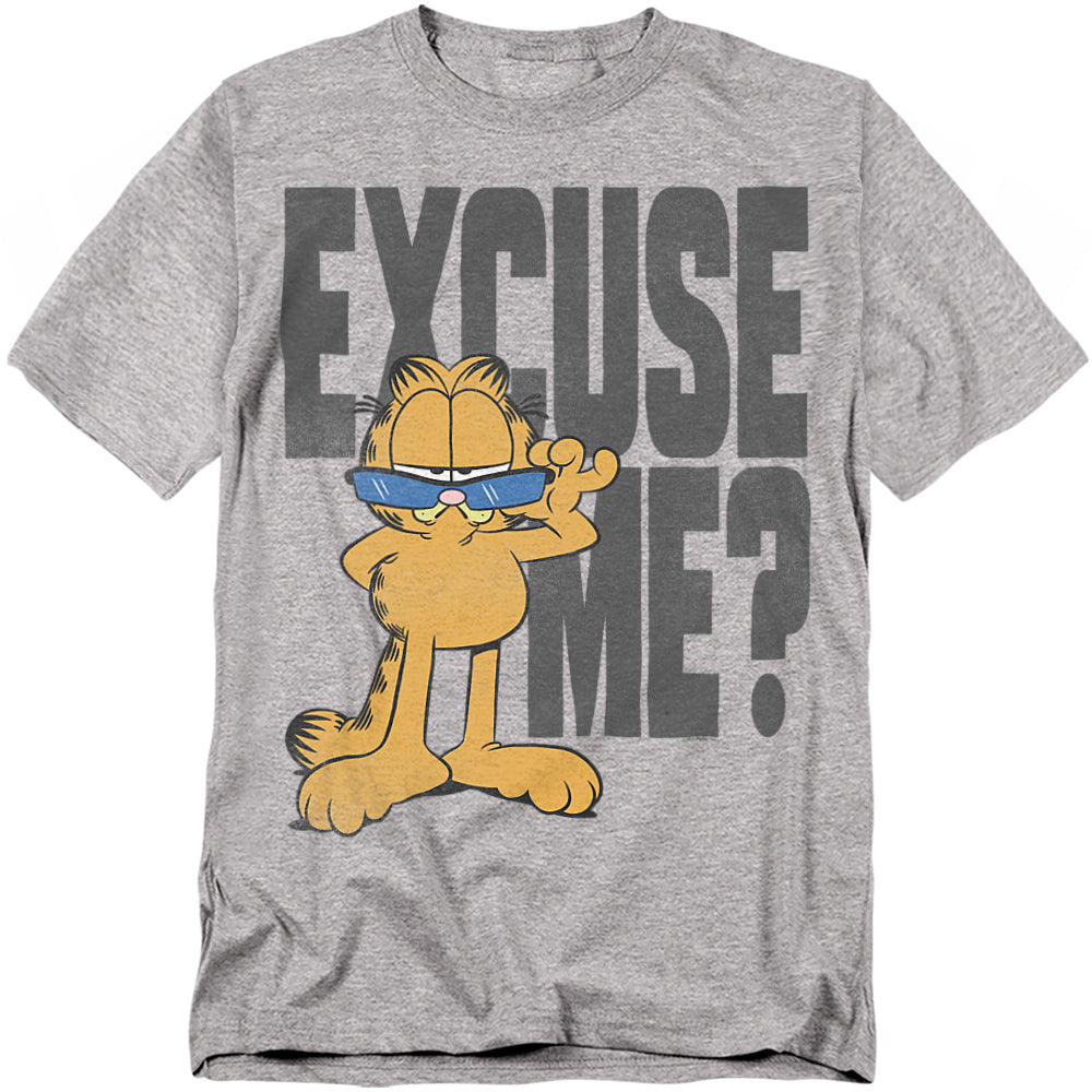 Heather gray Garfield t-shirt featuring Garfield in sunglasses with the text “Excuse Me?”