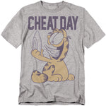 Heather gray t-shirt with Garfield holding food happily, with the bold text “Cheat Day.”