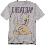 Heather gray t-shirt with Garfield holding food happily, with the bold text “Cheat Day.”