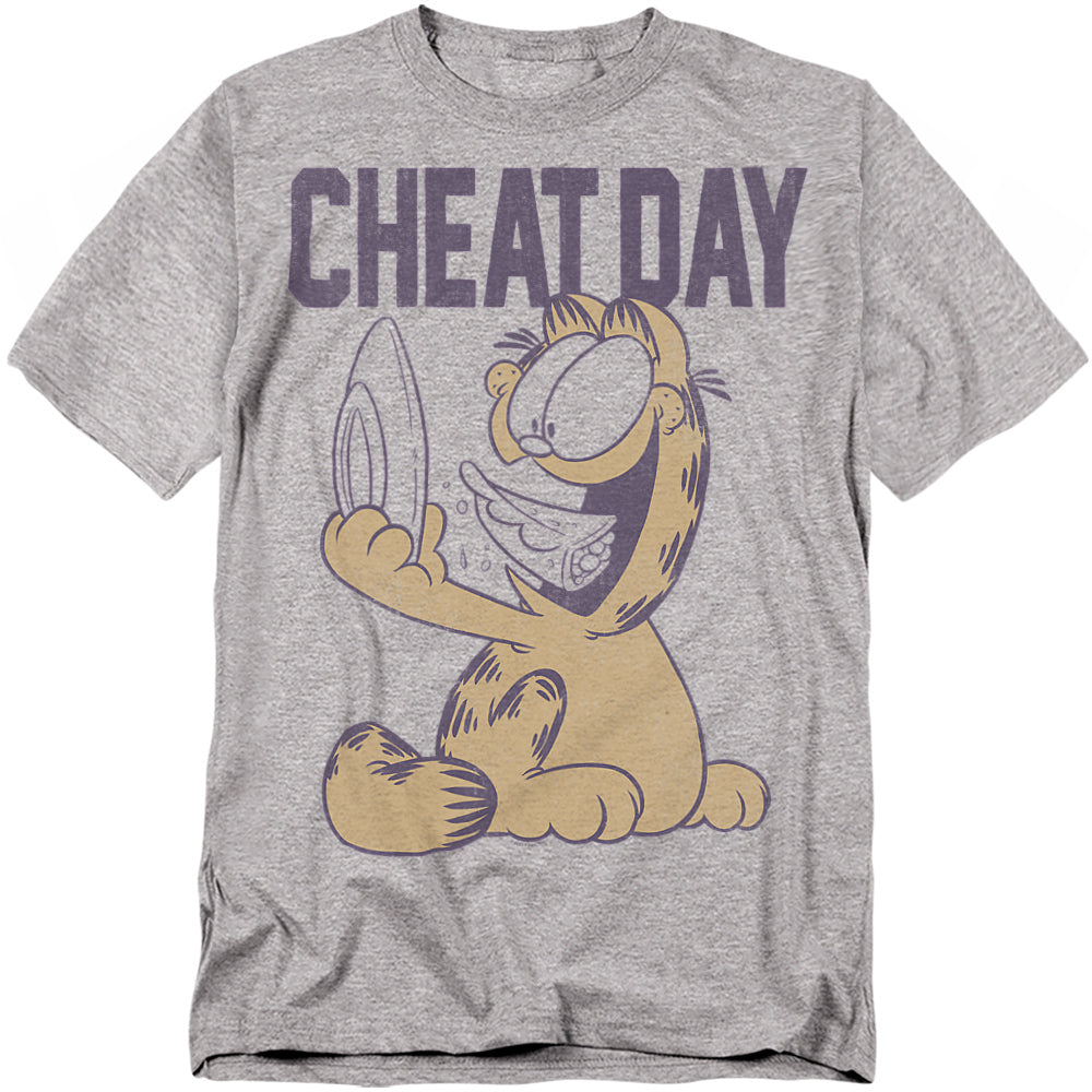 Heather gray t-shirt with Garfield holding food happily, with the bold text “Cheat Day.”