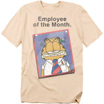 Beige t-shirt featuring Garfield in a tie and dress shirt with the text “Employee of the Month.”