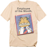 Beige t-shirt featuring Garfield in a tie and dress shirt with the text “Employee of the Month.”