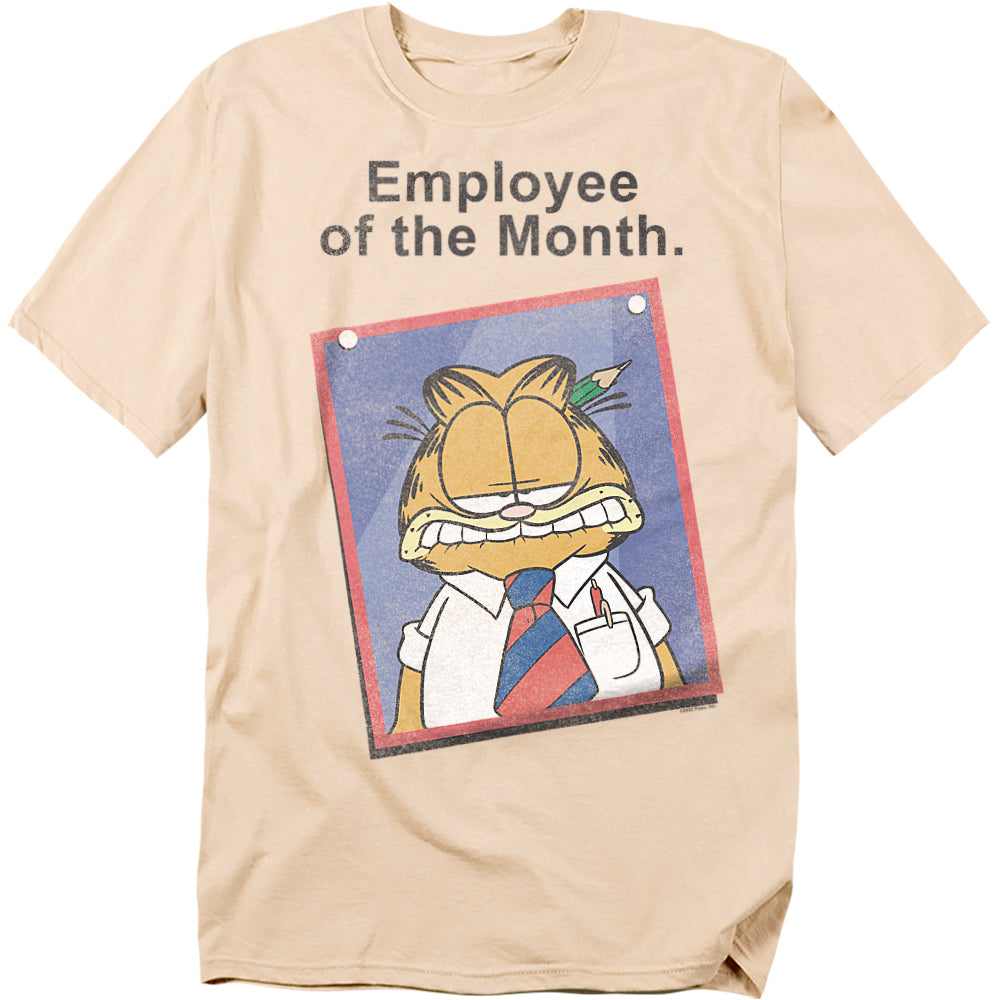 Beige t-shirt featuring Garfield in a tie and dress shirt with the text “Employee of the Month.”