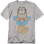 Gray t-shirt featuring Garfield wearing glasses, a blue suit, and a red bow tie with a big grin.