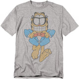 Gray t-shirt featuring Garfield wearing glasses, a blue suit, and a red bow tie with a big grin.