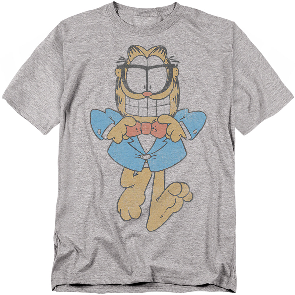 Gray t-shirt featuring Garfield wearing glasses, a blue suit, and a red bow tie with a big grin.
