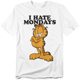 White t-shirt featuring Garfield with arms crossed and the phrase “I Hate Mondays” in bold black text above.