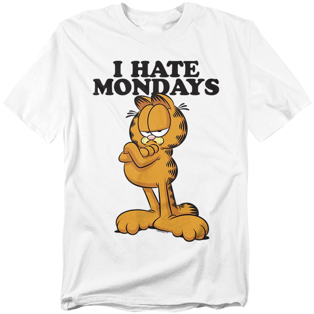 White t-shirt featuring Garfield with arms crossed and the phrase “I Hate Mondays” in bold black text above.
