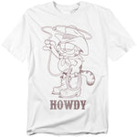 White t-shirt with a sketch-style graphic of Garfield dressed as a cowboy with a hat, boots, lasso, and the word “Howdy” printed below.