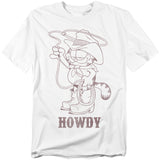 White t-shirt with a sketch-style graphic of Garfield dressed as a cowboy with a hat, boots, lasso, and the word “Howdy” printed below.