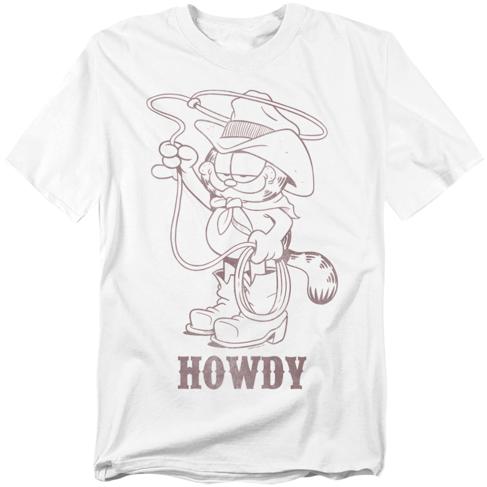 White t-shirt with a sketch-style graphic of Garfield dressed as a cowboy with a hat, boots, lasso, and the word “Howdy” printed below.