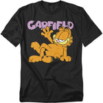 Black t-shirt featuring Garfield lying down with a laid-back wave, the word “Garfield” printed above in purple retro lettering.