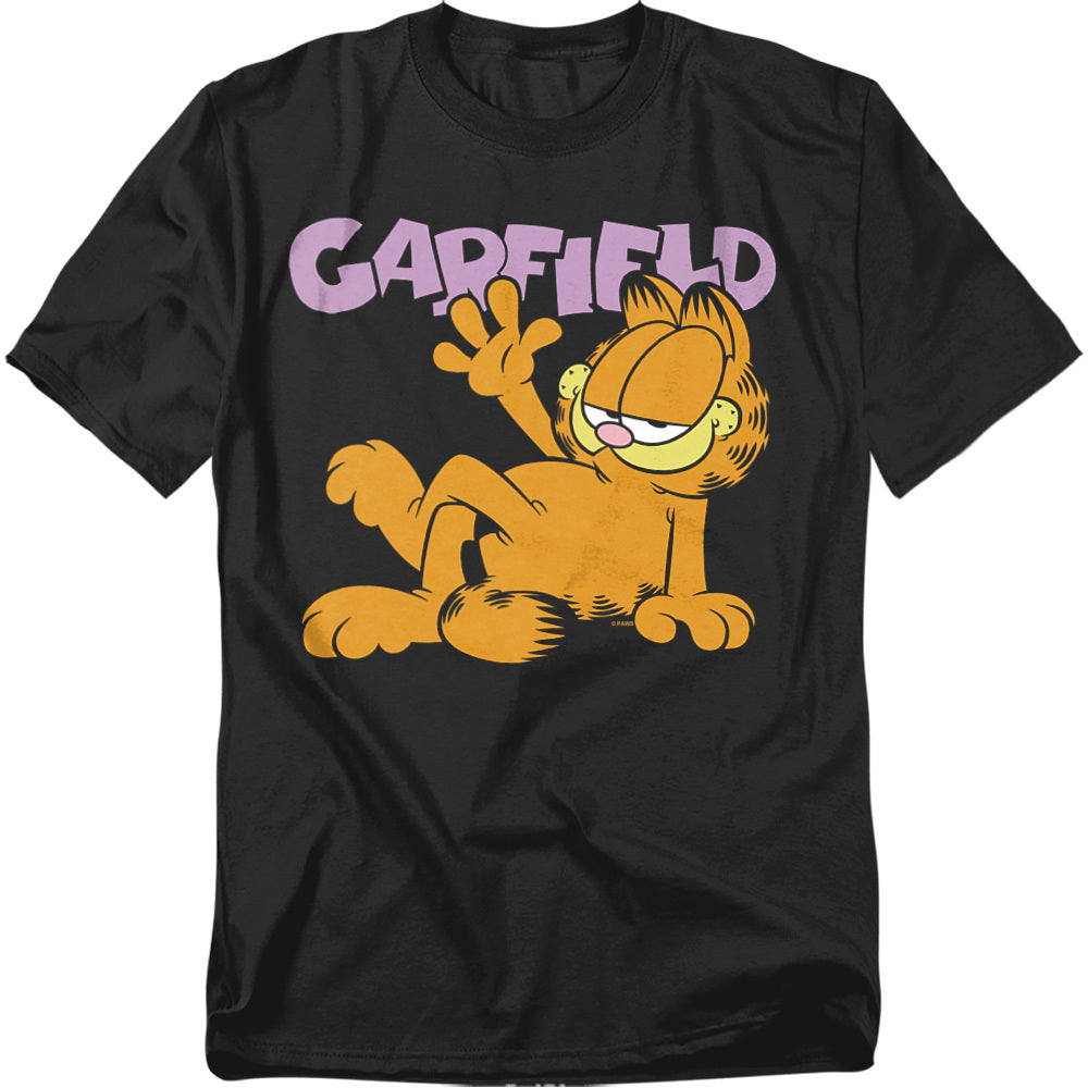 Black t-shirt featuring Garfield lying down with a laid-back wave, the word “Garfield” printed above in purple retro lettering.
