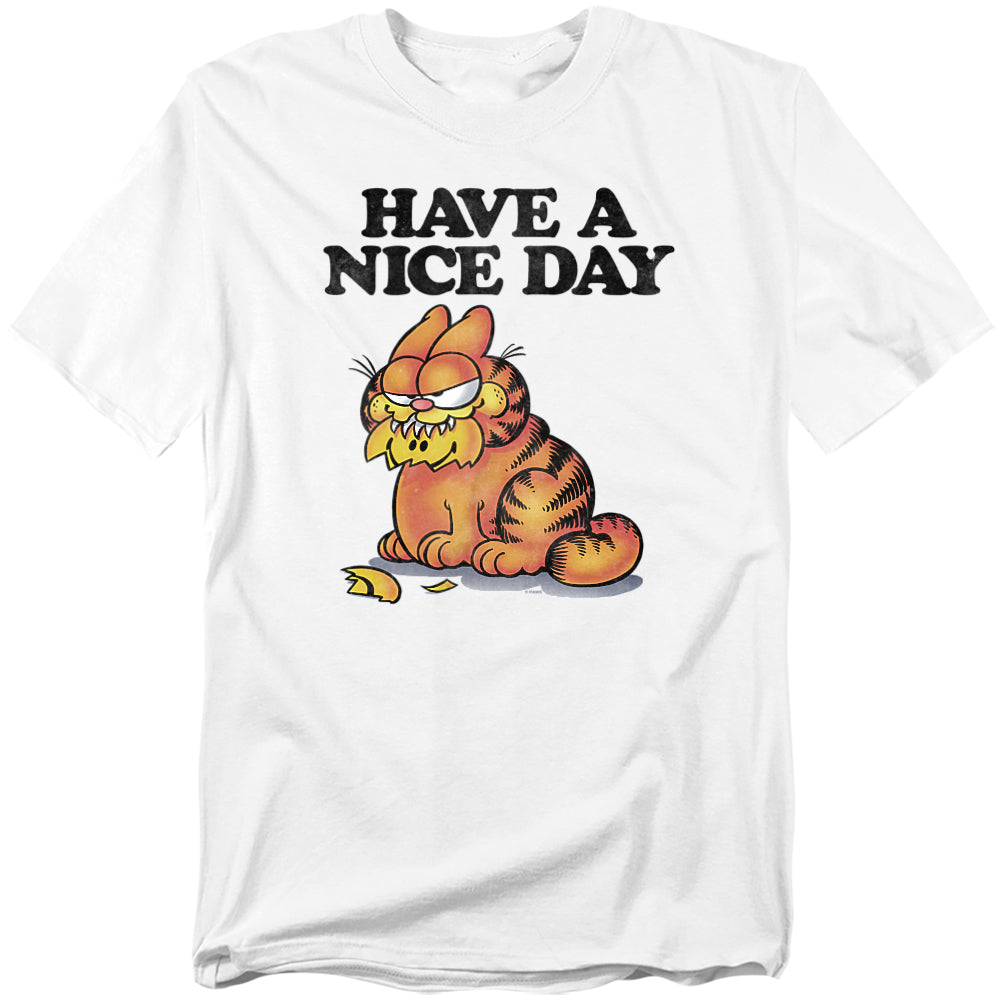 White t-shirt featuring Garfield with crumbs on his mouth under bold text that reads “Have a Nice Day.”