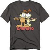 Charcoal gray t-shirt featuring Garfield and Odie standing together, each holding a slice of pizza, with the Garfield logo underneath.