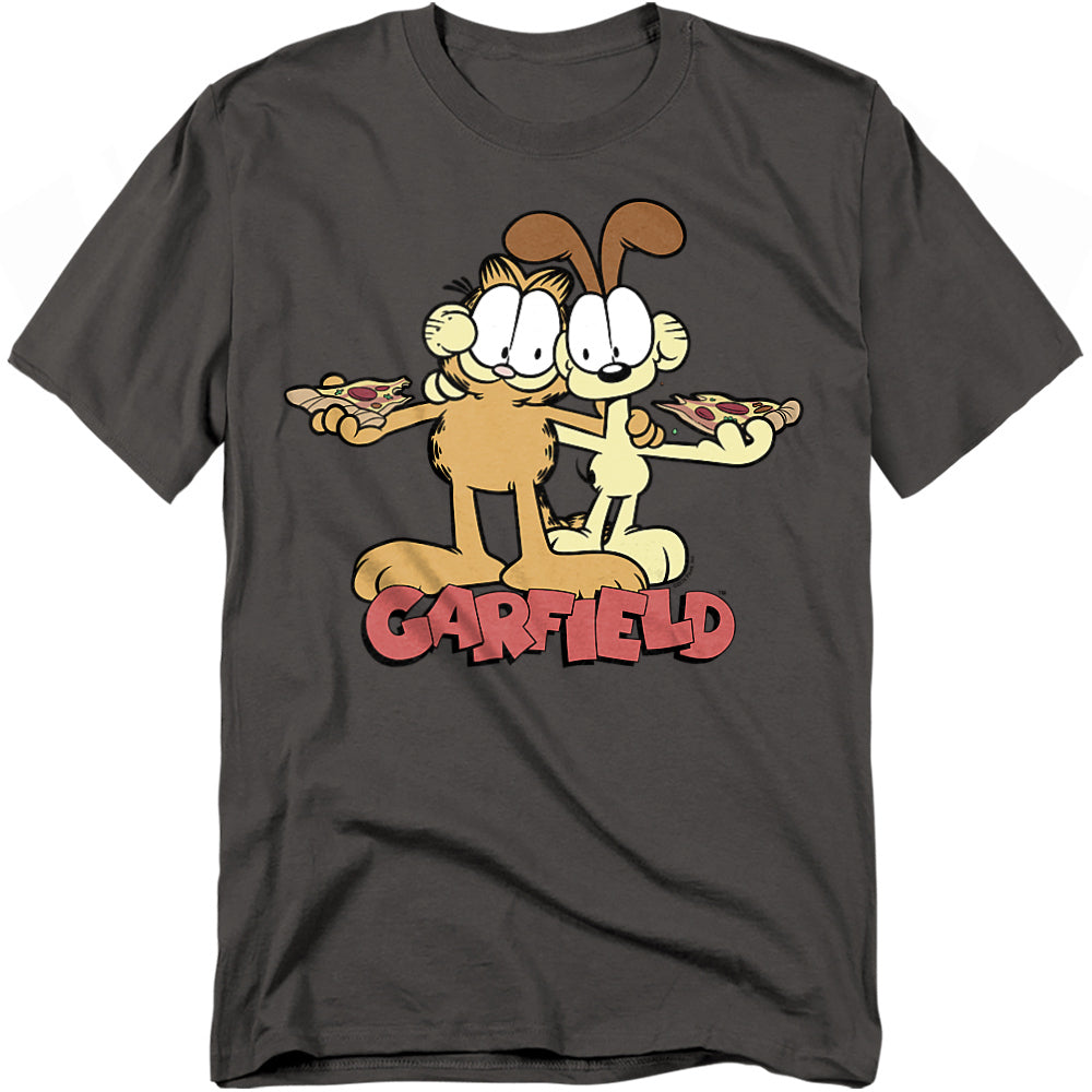 Charcoal gray t-shirt featuring Garfield and Odie standing together, each holding a slice of pizza, with the Garfield logo underneath.
