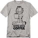 Heather gray t-shirt featuring Garfield holding a coffee mug with the text “Better With Coffee” below.