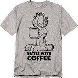 Heather gray t-shirt featuring Garfield holding a coffee mug with the text “Better With Coffee” below.