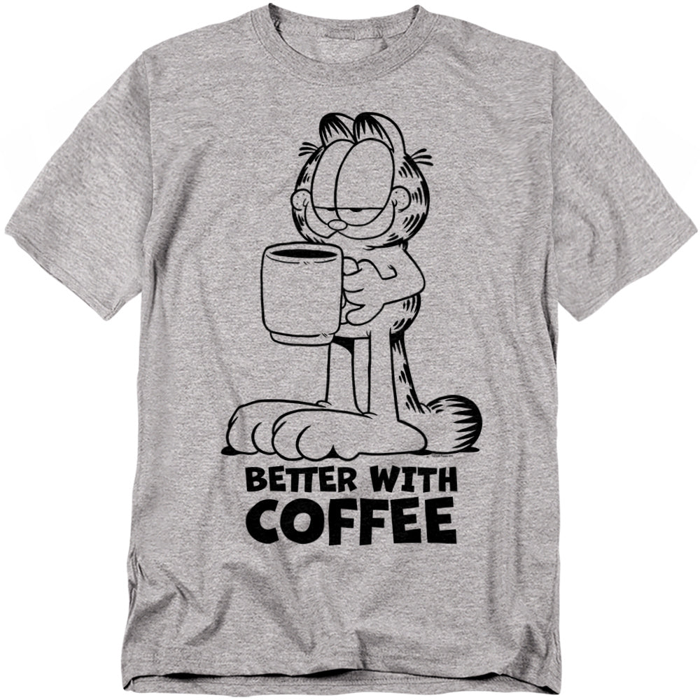 Heather gray t-shirt featuring Garfield holding a coffee mug with the text “Better With Coffee” below.