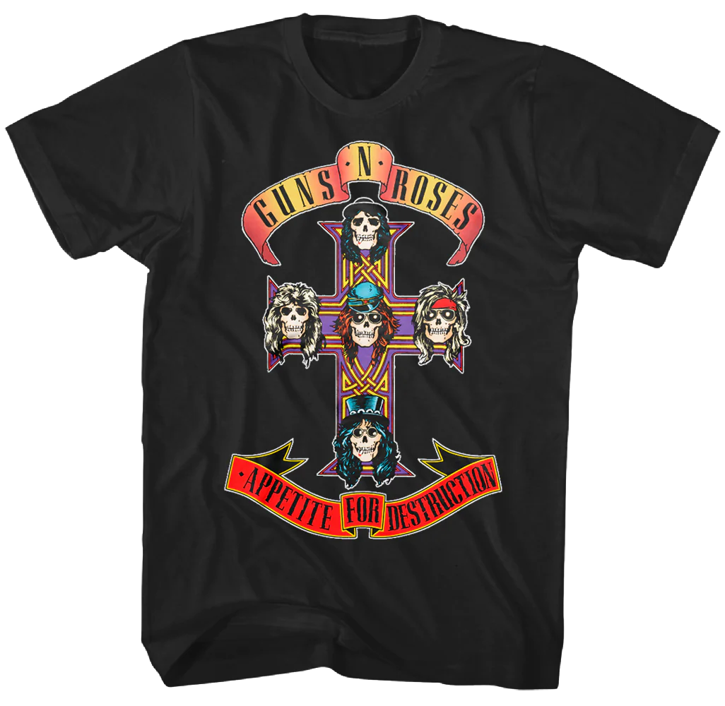 A black Guns N' Roses Appetite for Destruction T-shirt featuring the band's iconic cross-and-skull artwork.