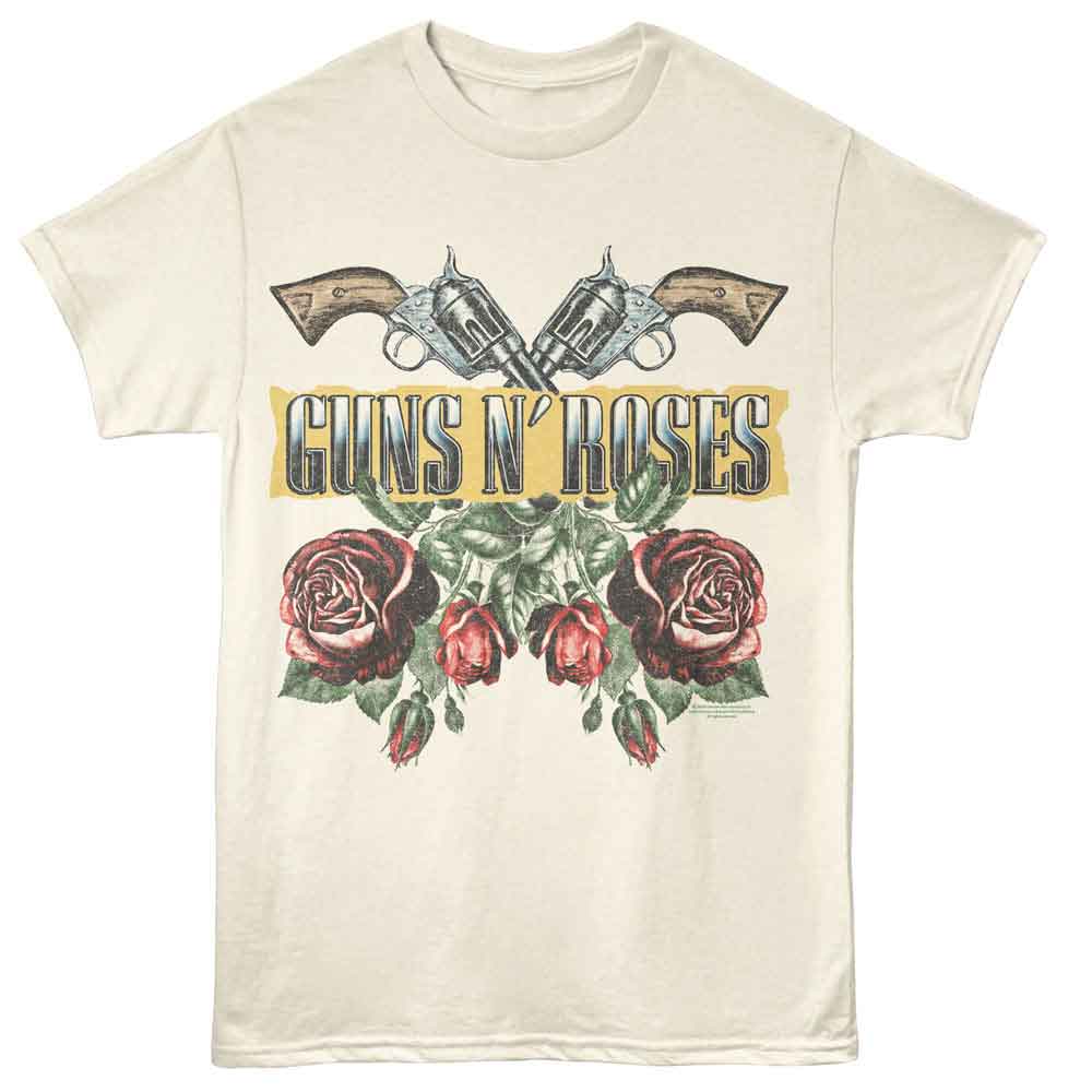 Cream T-shirt featuring crossed revolvers above red roses with “Guns N’ Roses” vintage logo.