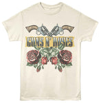 Cream T-shirt featuring crossed revolvers above red roses with “Guns N’ Roses” vintage logo.