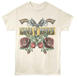 Cream T-shirt featuring crossed revolvers above red roses with “Guns N’ Roses” vintage logo.