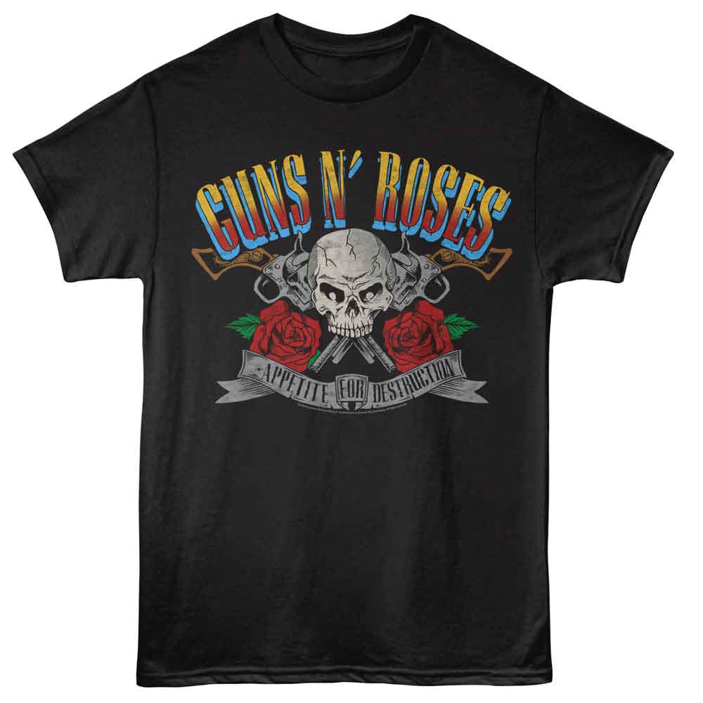 Black T-shirt featuring Guns N’ Roses skull with crossed pistols and red roses above “Appetite for Destruction” banner.