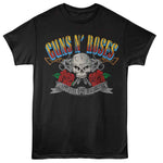Black T-shirt featuring Guns N’ Roses skull with crossed pistols and red roses above “Appetite for Destruction” banner.